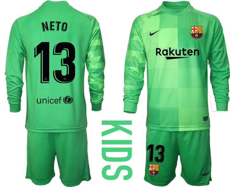 Youth 2021-2022 Club Barcelona green goalkeeper long sleeve #13 Soccer Jersey
